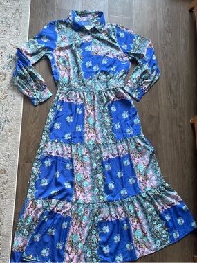 Blue Floral Tiered Long Sleeve Kids Dress